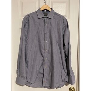 Thomas Dean Mens Button Down Shirt XL Pima Cotton Navy White Micro Gingham Long